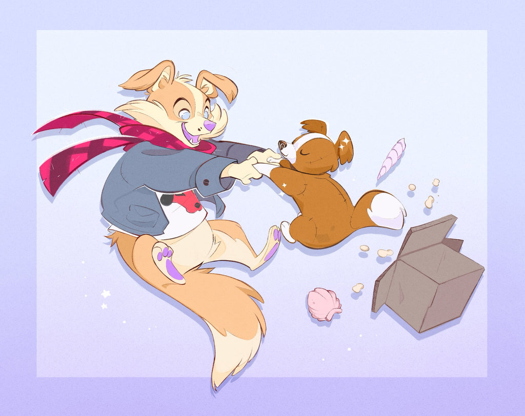 Fanart of Sunny Pup holding a sunny pup red border collie plush