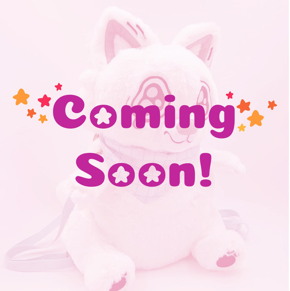Plush backpack of Anxiety Fox the white fox with blue straps and bandana with coming soon text