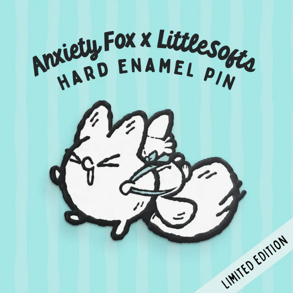 Pin of Anxiety Fox wearing an Anxiety Fox plush backpack