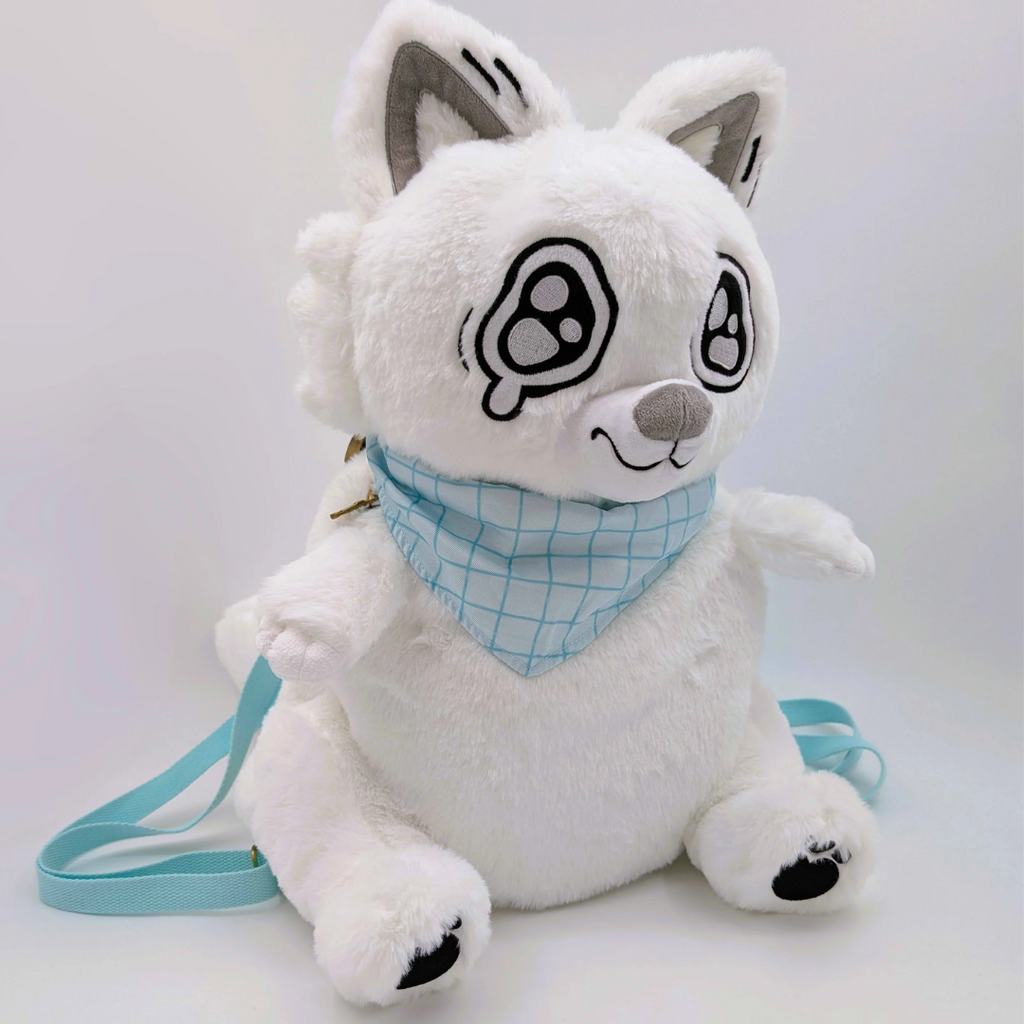 Plush backpack of Anxiety Fox the white fox, wearing a blue bandana