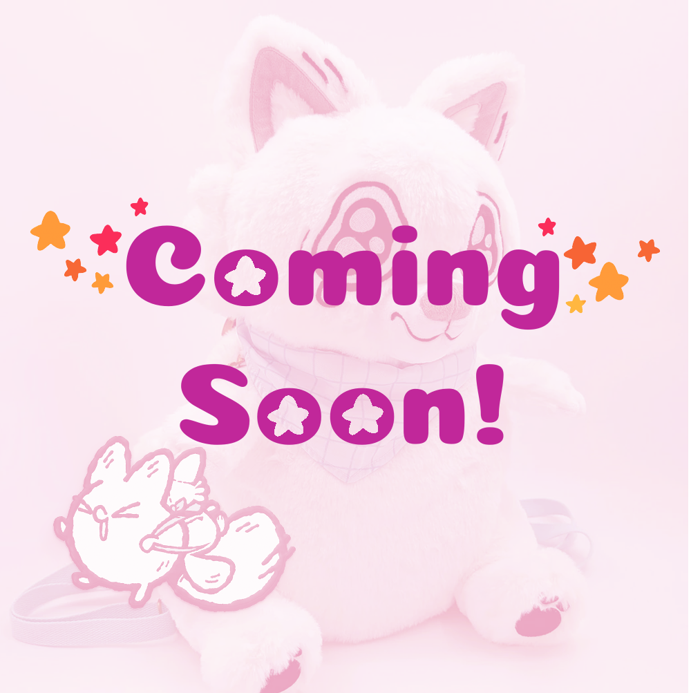 Plush backpack of Anxiety Fox the white fox with blue straps and bandana and enamel pin of Anxiety Fox wearing the plush backpack, with coming soon text