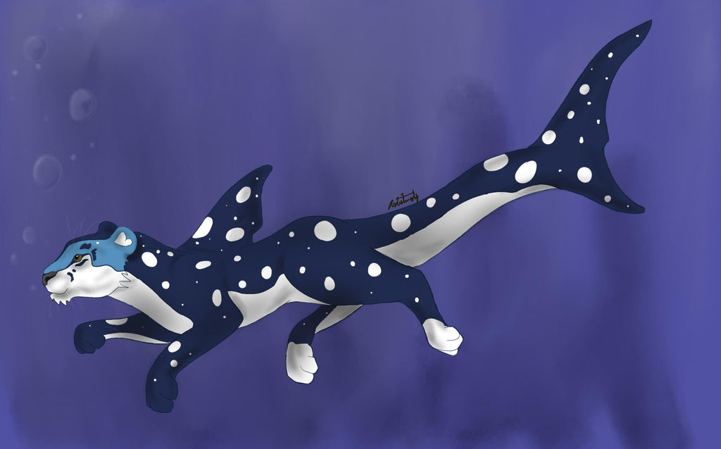 Cartoon-like illustration of a whale shark with a panther's face on a purple background