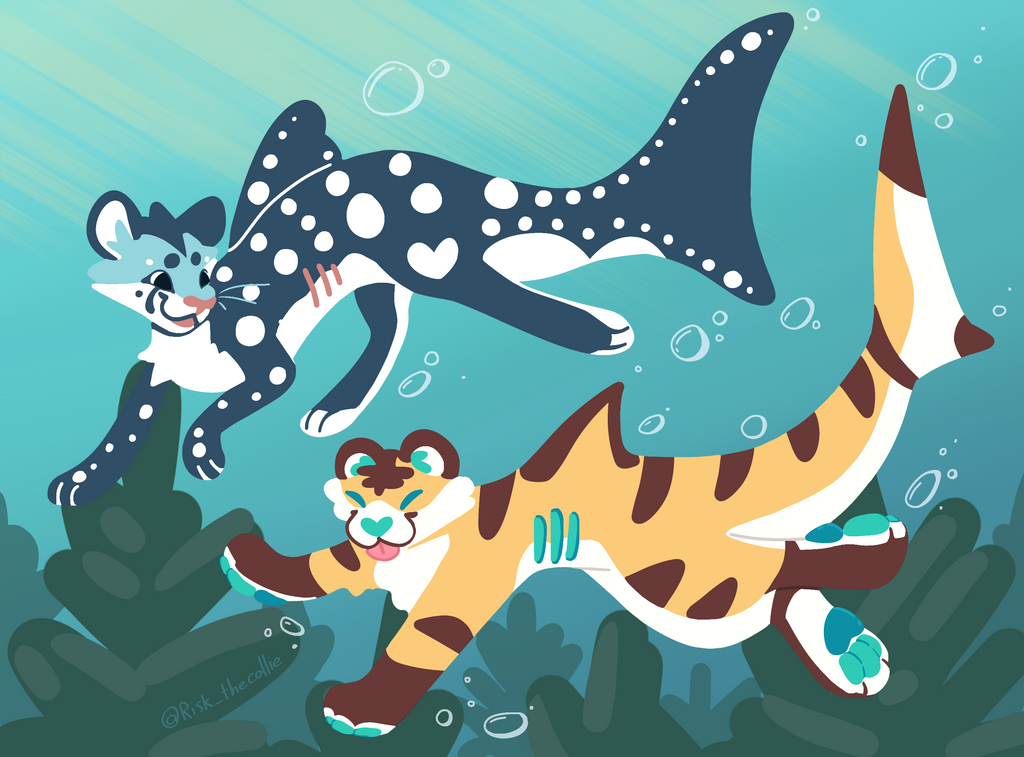 Art of Pebbles the whaleshark cat hybrid and Cornflakes the tiger shark cat hybrid swimming together