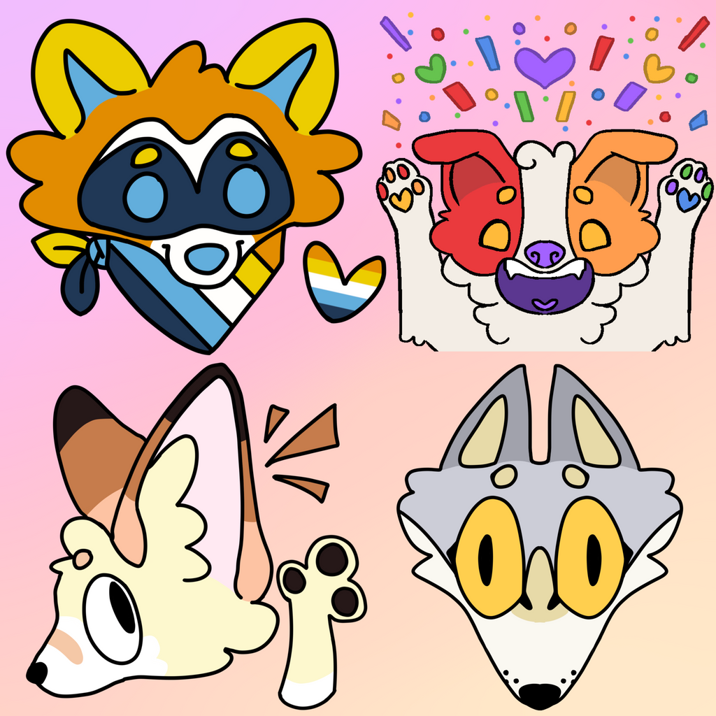 Four cartoon animal faces with colorful designs on a pink background