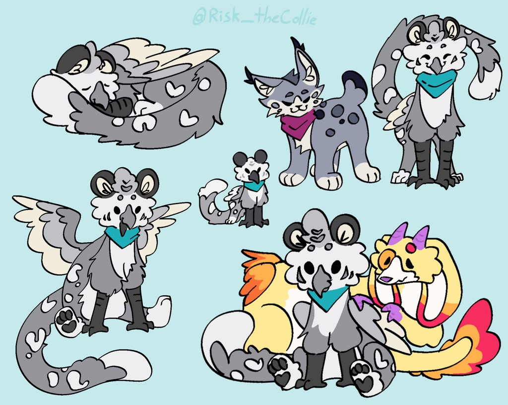 Illustrations of various animal characters with different hairstyles and accessories on a light blue background.