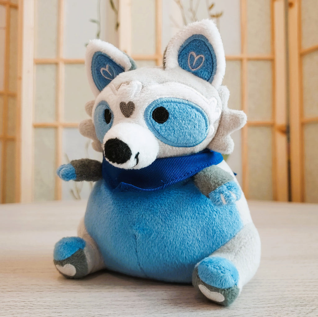 BeanBuds beanie plush of Peanut the blue and grey raccoon wearing a blue bandana