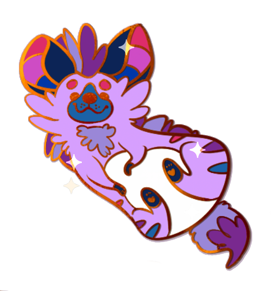 Enamel pin art of Berry the purple, blue, and pink striped hyena