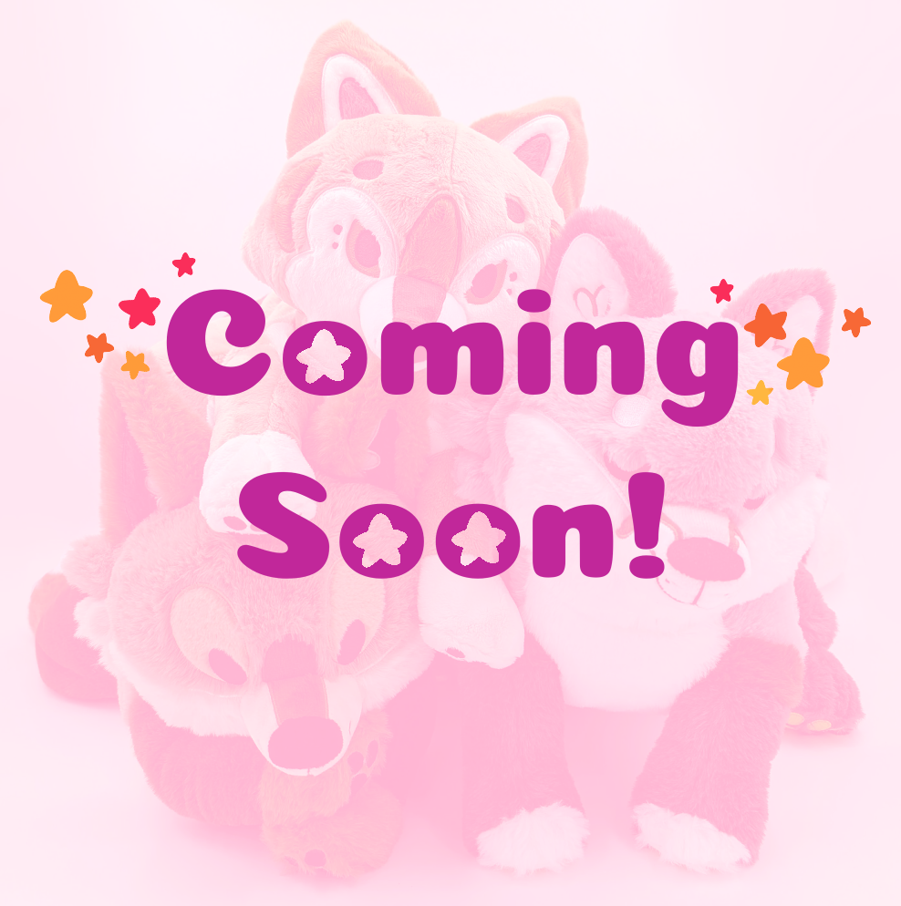 Plush toys of Litha the Coyote Pup, Hobart the Thylacine, and Chiffon the Fox with coming soon text