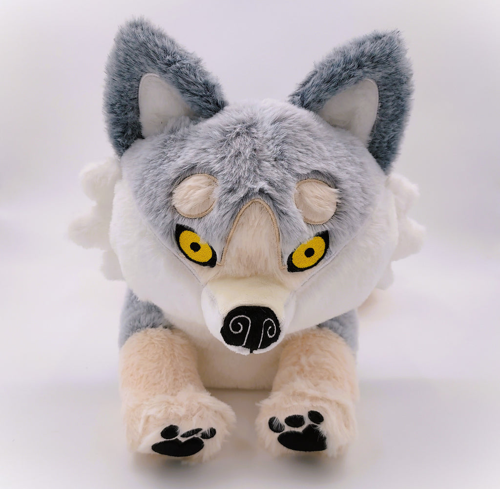 Front view of BigHugs weighted wolf plush pillow Biscuit the white wolf