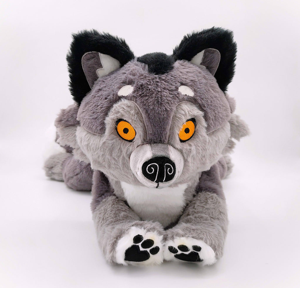 Front view of BigHugs weighted wolf plush pillow Wolfgang the grey wolf