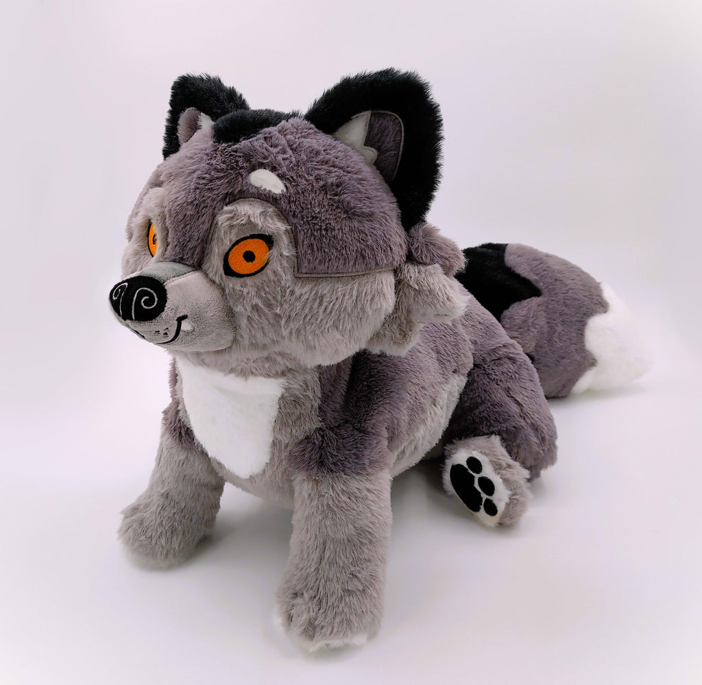 BigHugs weighted Wolfgang dark grey wolf plush pillow in a sitting pose