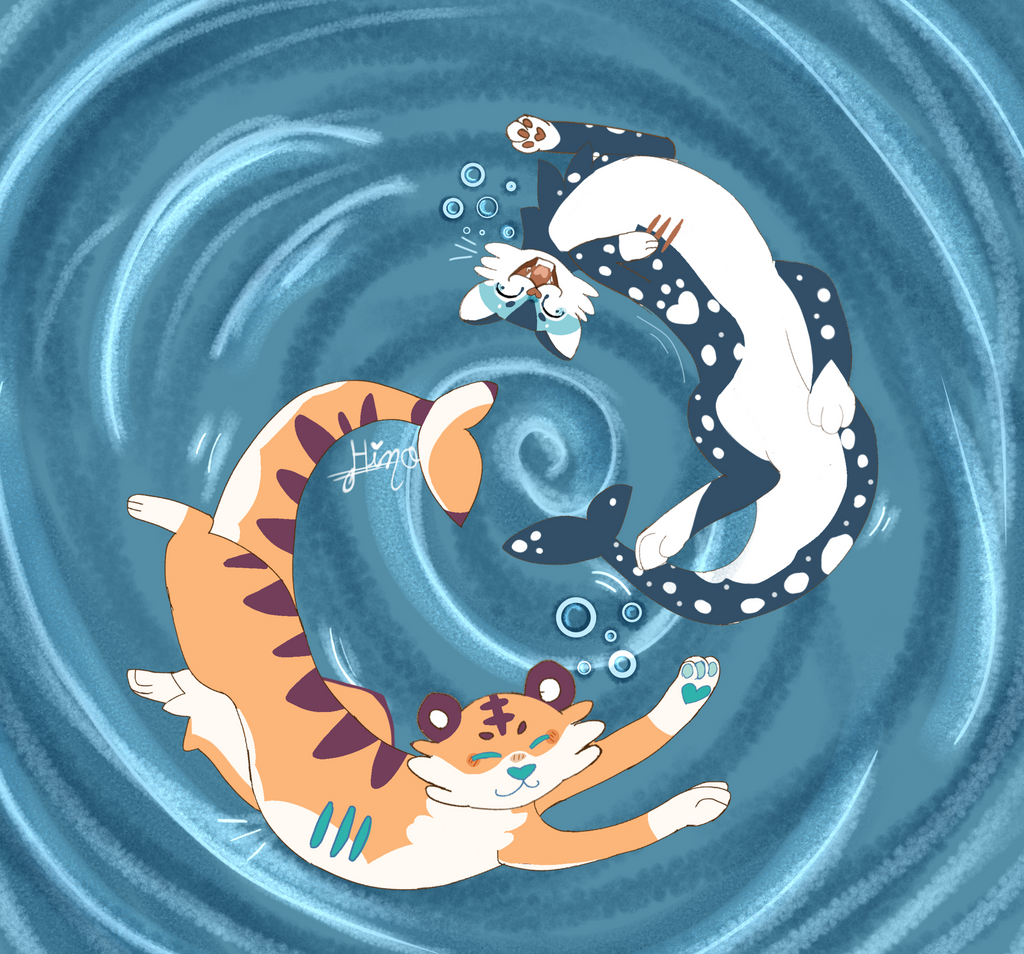 Art of Pebbles the whaleshark cat hybrid and Cornflakes the tiger shark cat hybrid in a whirlpool