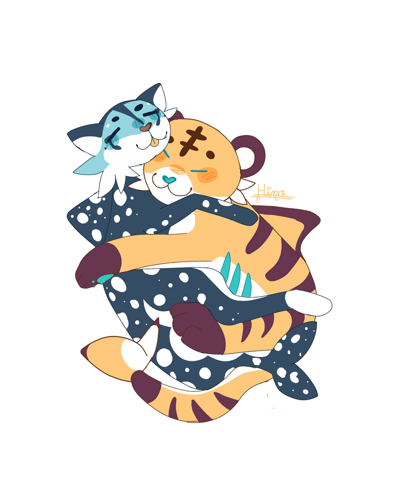 Art of Pebbles the whaleshark cat hybrid and Cornflakes the tiger shark cat hybrid