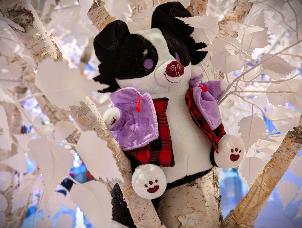 CosyPaws plush of Starry Pup the black and white border collie wearing a purple jacket and sitting next to white plants