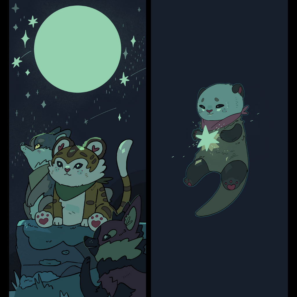 Otter, wolf, fox and maned wolf on a starry background