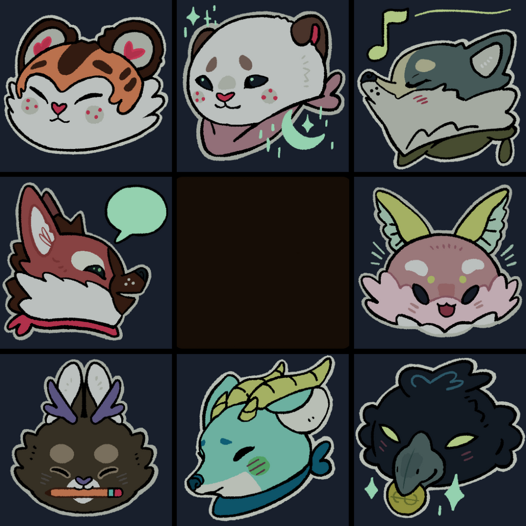 Tiger, otter, wolf, rosy maple moth, raven, dragon, jackalope, and maned wolf head icons art