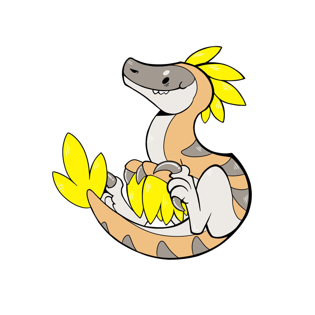 Art of Chai Latte the grey, yellow, and light brown utahraptor