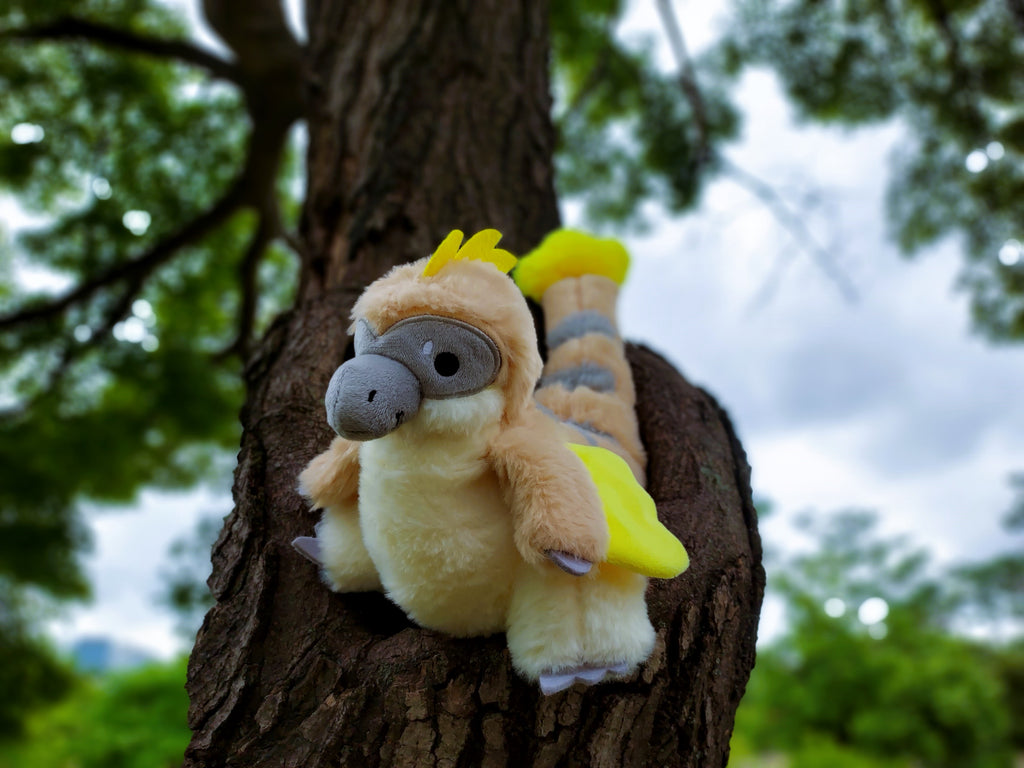 Plush toy of Chai Latte the utahraptor sitting in a tree