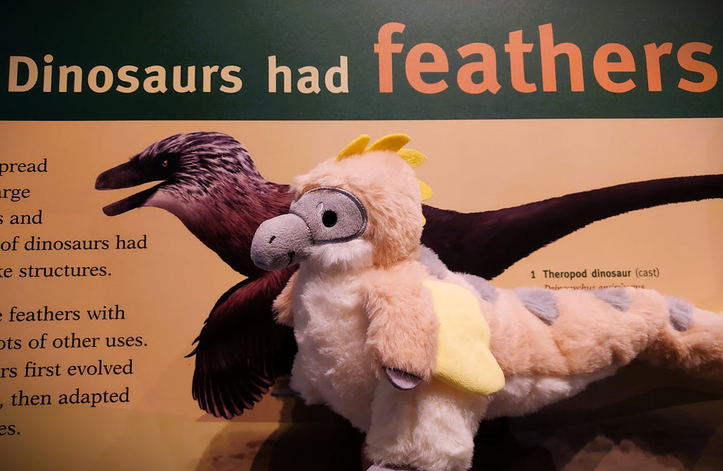 Plush toy of Chai Latte the utahraptor in front of a drawing of a raptor