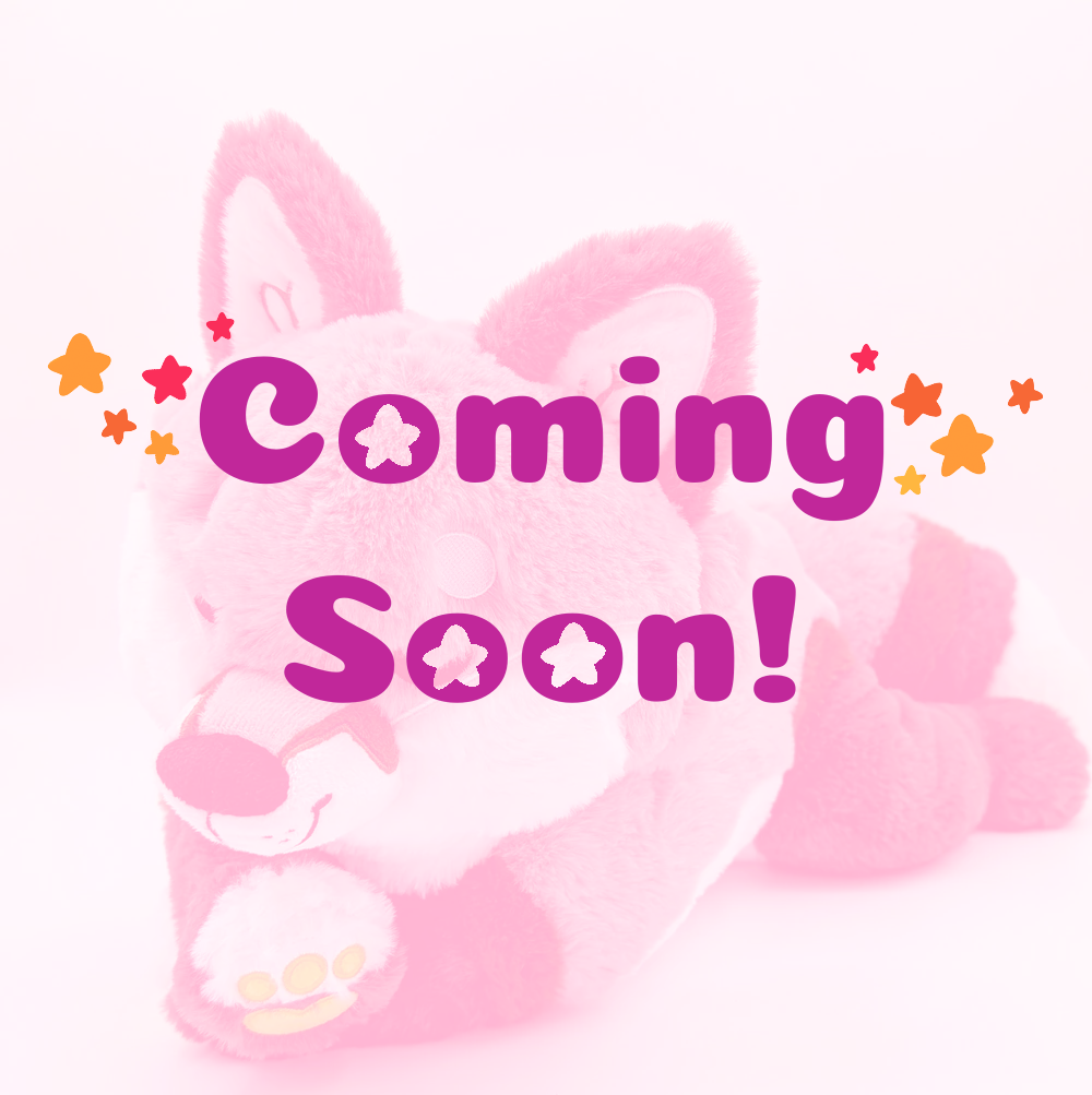 Plush toy of Chiffon the red fox with coming soon text