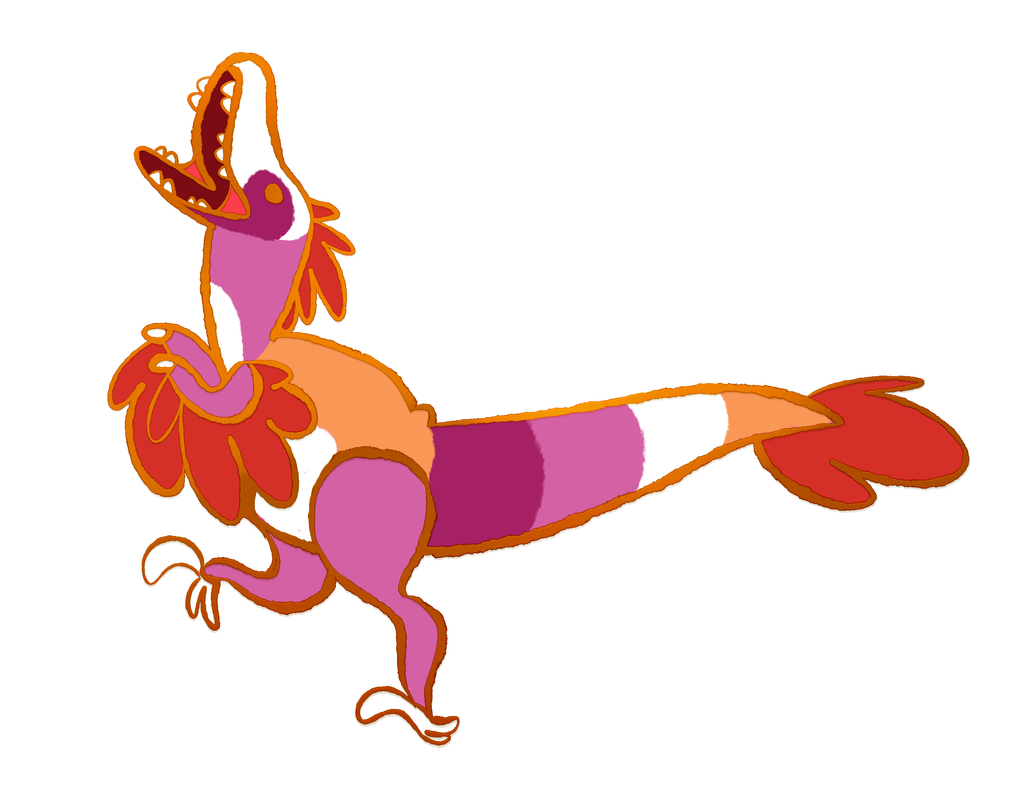 Enamel pin of Citrus Splash the orange, pink, white, and red utahraptor