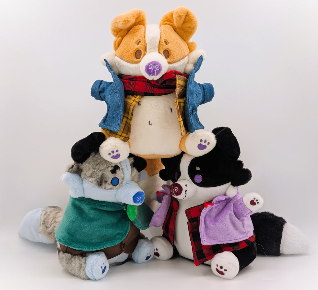 CosyPaws plush of Stormy Pup, Sunny Pup, and Starry Pup the border collies