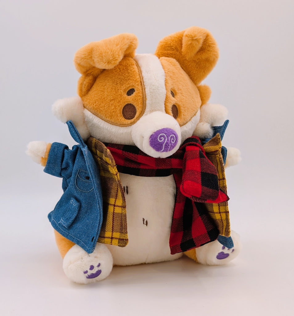 CosyPaws plush of Sunny Pup the red border collie wearing a plaid scarf and denim jacket