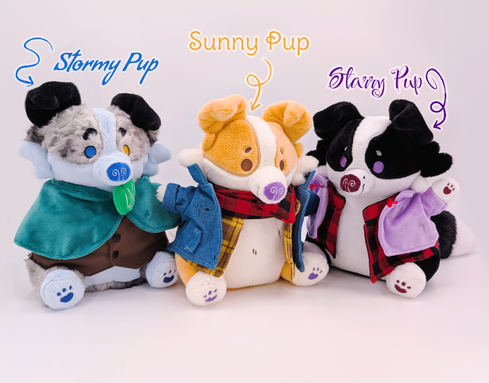 CosyPaws plush of Stormy Pup, Sunny Pup, and Starry Pup the border collies.