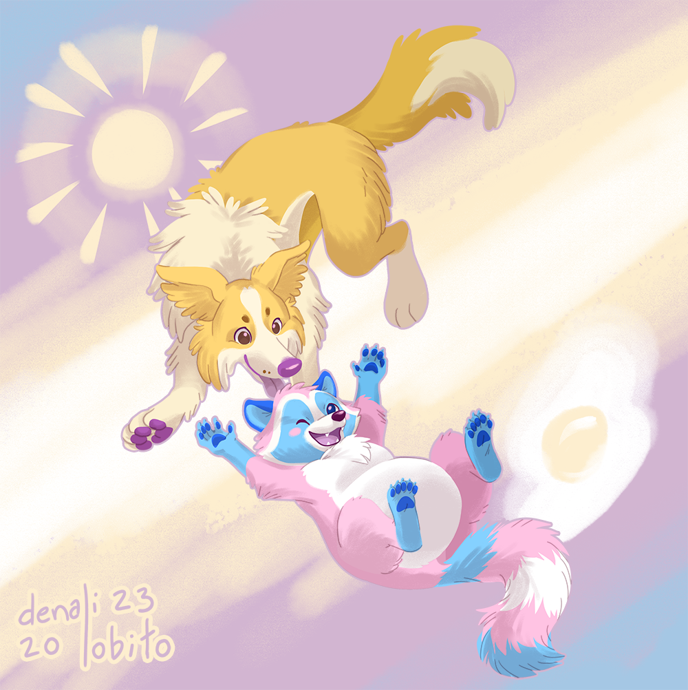 Cartoon art of Sunny Pup the red border collie and Egg the pink, blue, and white raccoon