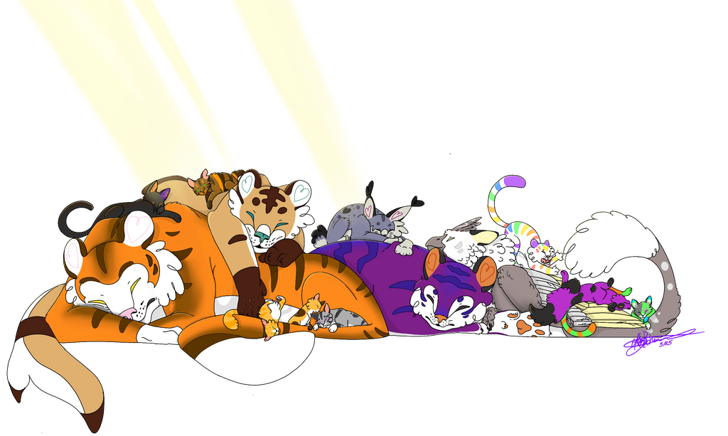 Cartoon illustration of a group of felines with colorful tails on a white background
