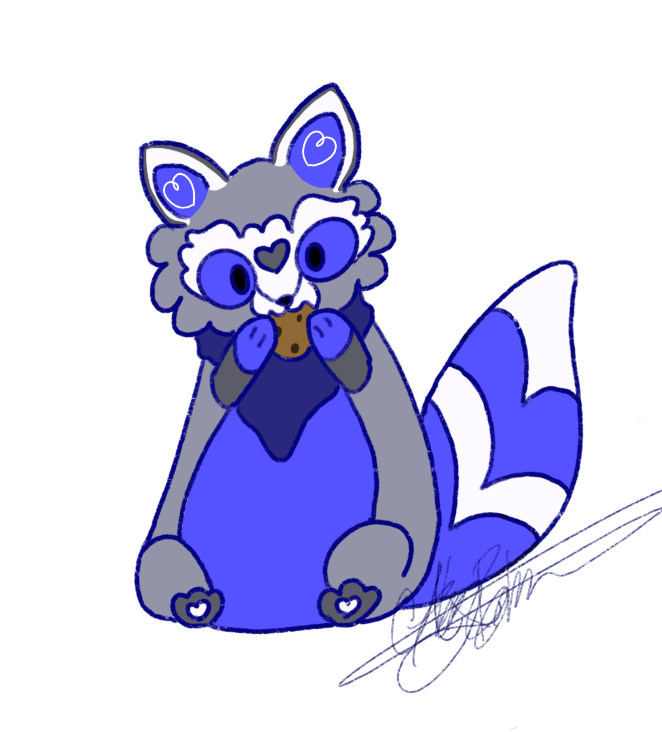Cartoon raccoon with blue fur and a white heart on a white background
