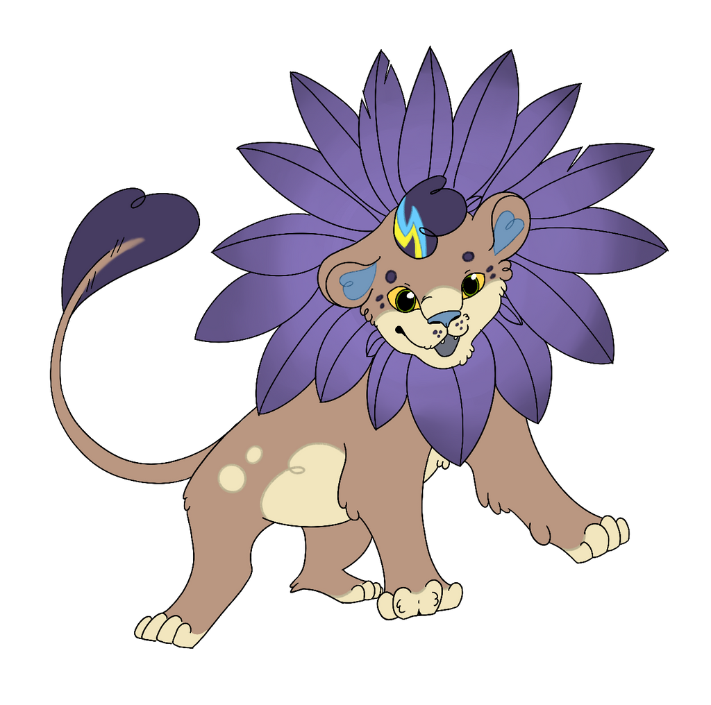 Cartoon art of a young lion with brown fur, blue mane and an electric bolt in its mane