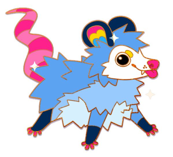 Art of an enamel pin of Pancake the possum. They are blue, pink, and yellow.