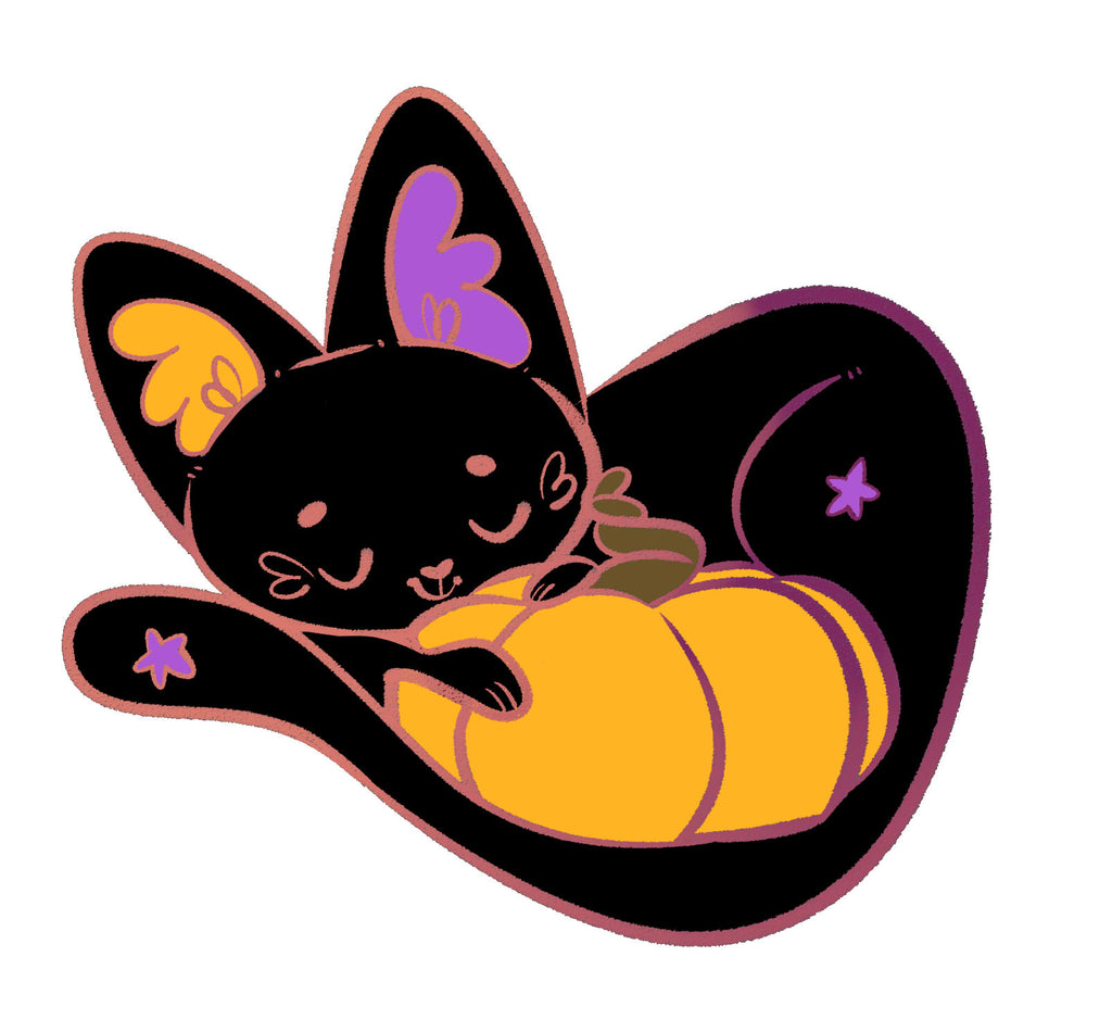 Enamel pin art of Pumpkin Purr the black halloween cat holding a pumpkin