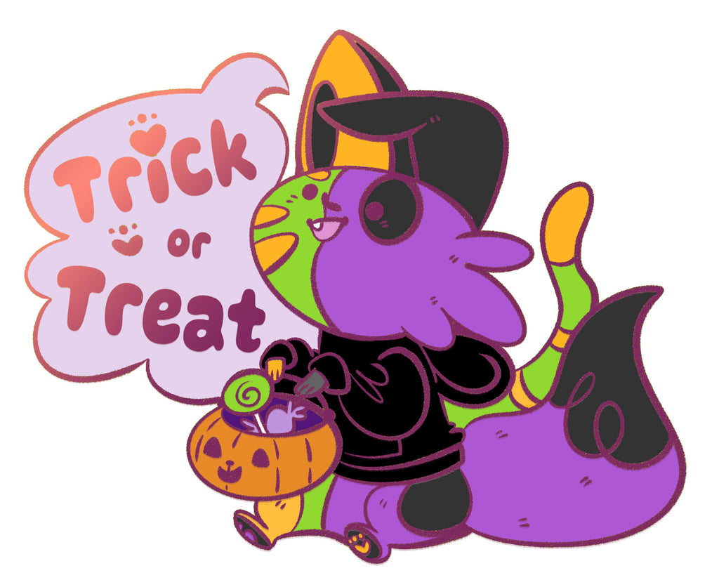 Enamel pin art of Them the monstrous abomination holding a Halloween bucket that says "Trick or Treat." Them is half green and orange cat and half black and purple dog.