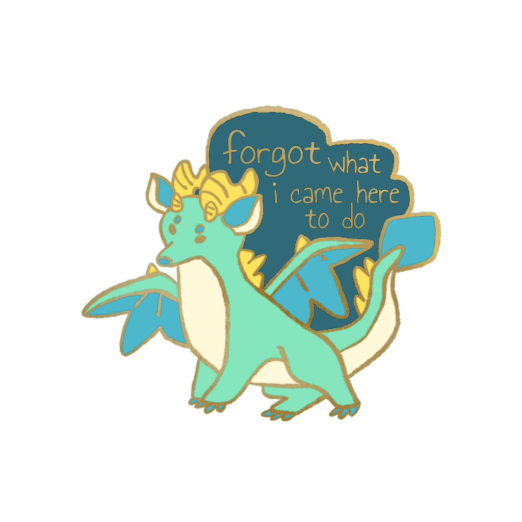 Cartoon dragon with a speech bubble saying 'forgot what I came here to do' on a white background