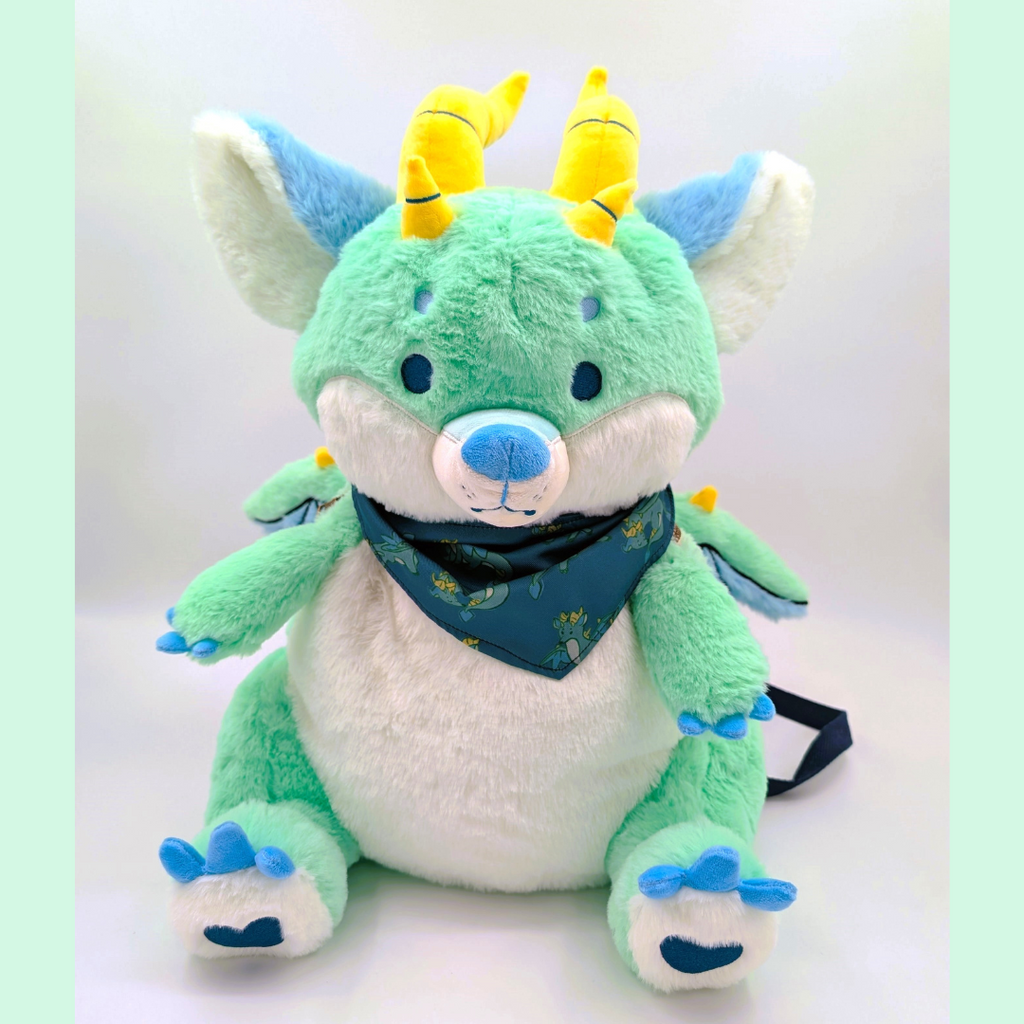 Plush backpack of a green dragon