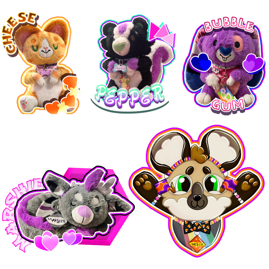 Fanart of Cheese the orange cat, Pepper the skunk, Bubble Gum the purple bunny, Marshmallow the ace dragon, and ChocoChip Hyena