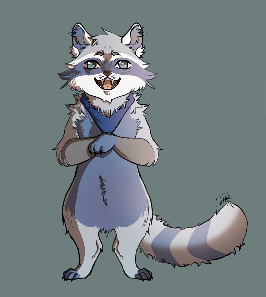 Cartoon raccoon character with a blue bandana on a gray background