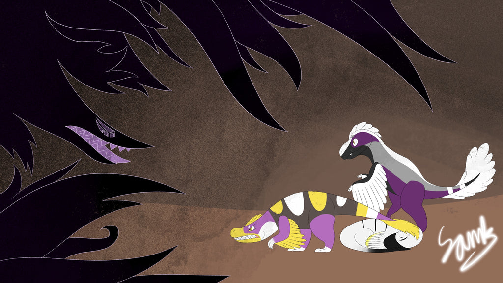 Fanart of two purple, yellow, and white Utahraptors about to enter a battle 