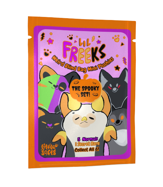 A bag with Halloween themed mini plush including a bat with yellow ears, a black fox, a grey wolf with orange eyes, a black cat with purple and orange face, and a half purple puppy, half green kitty monster