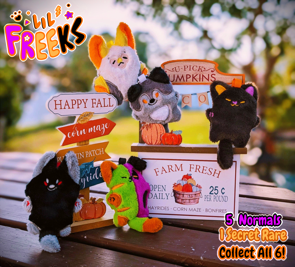 Halloween themed mini plush including a bat with yellow ears, a black fox, a grey wolf with orange eyes, a black cat with purple and orange face, and a half purple puppy, half green kitty monster