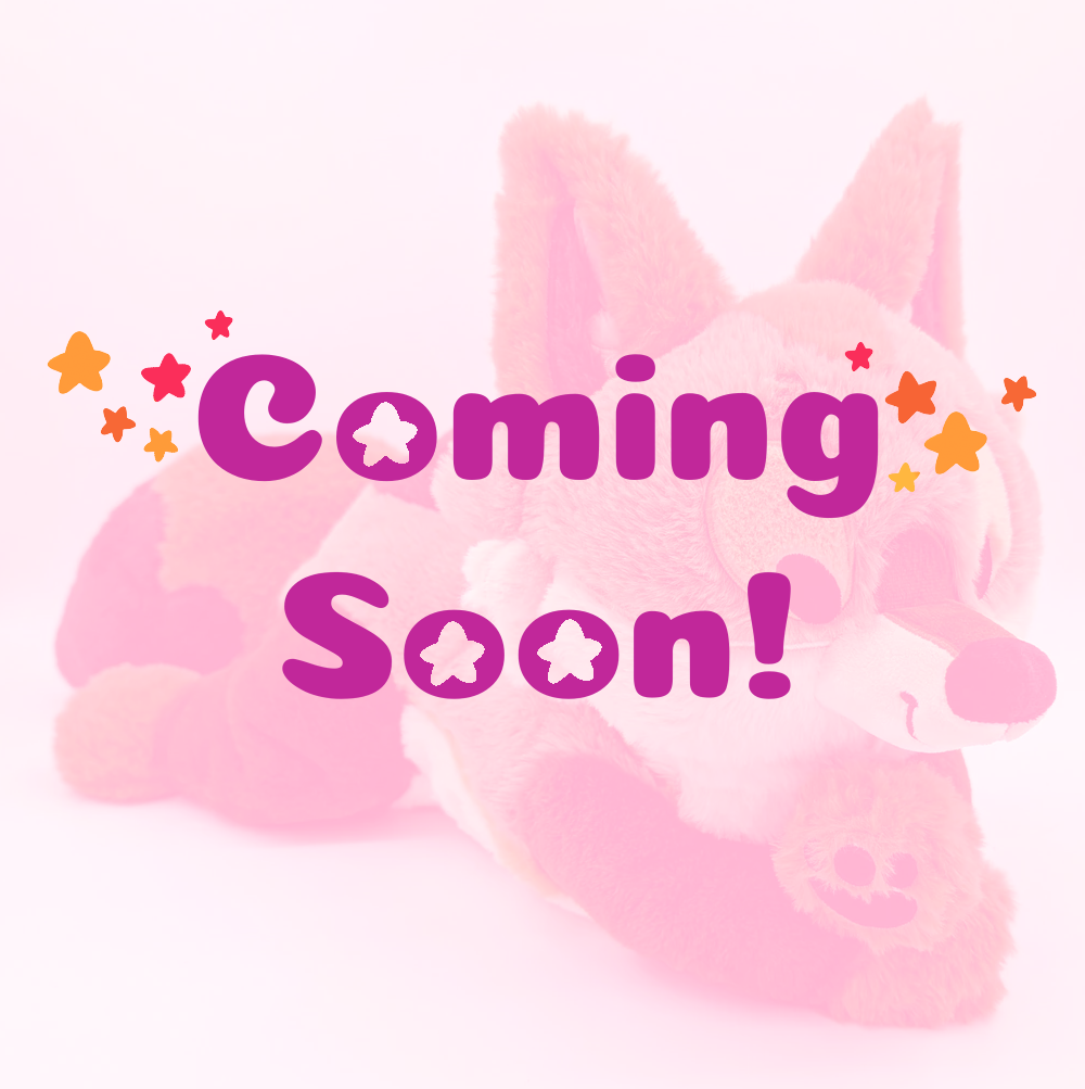 Plush toy of Litha the Coyote pup with coming soon text