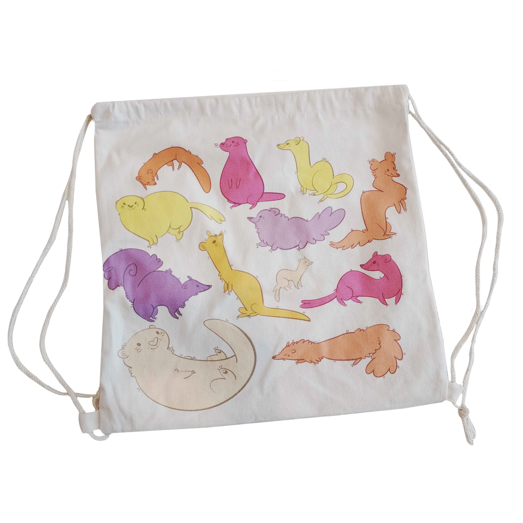 Beige drawstring backpack with printed colorful weasels and border collies 