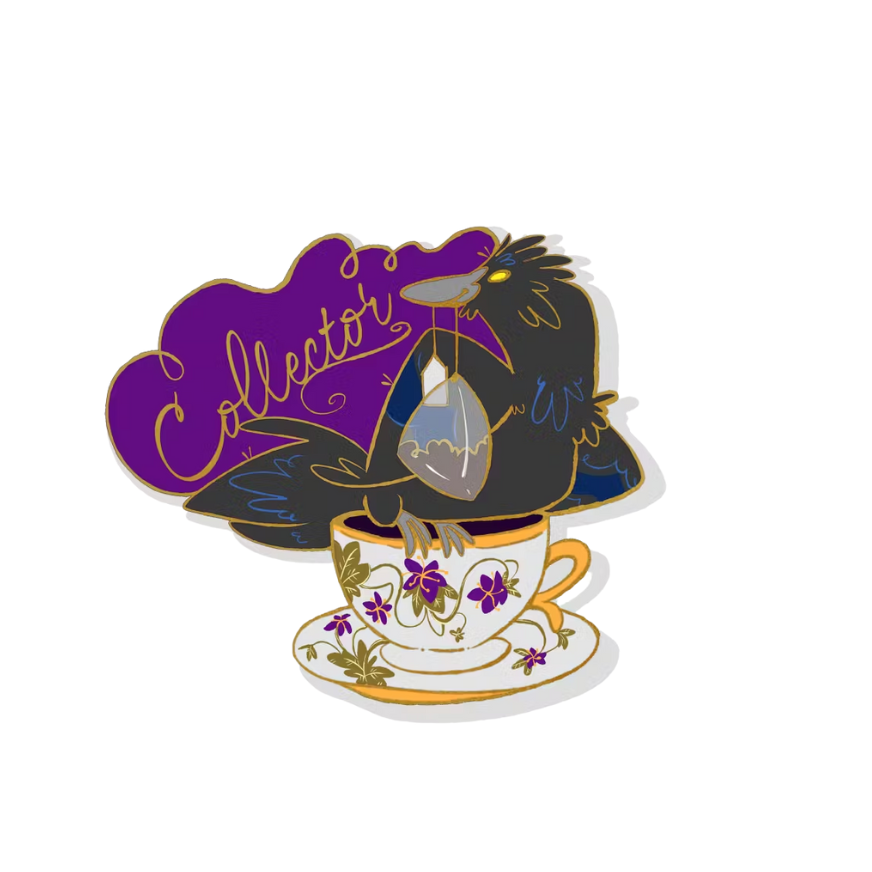 Art of a raven in a teacup that says "collector."