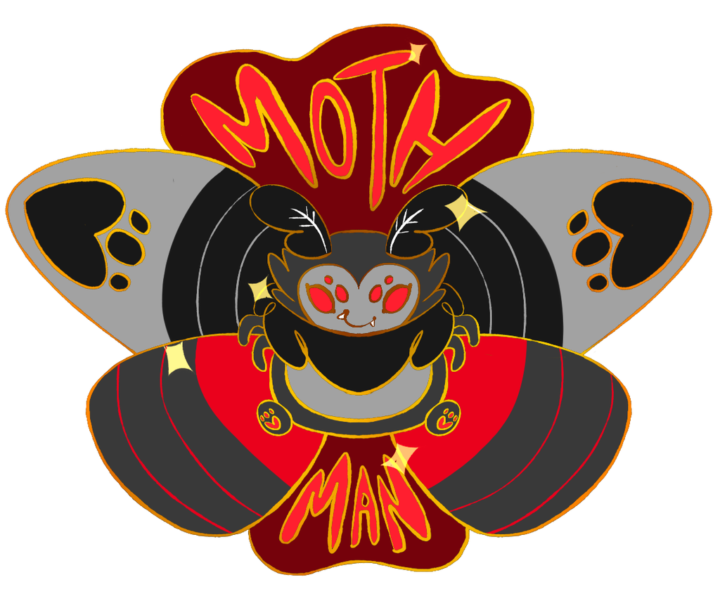 Enamel pin of a black and red moth that says Moth Man