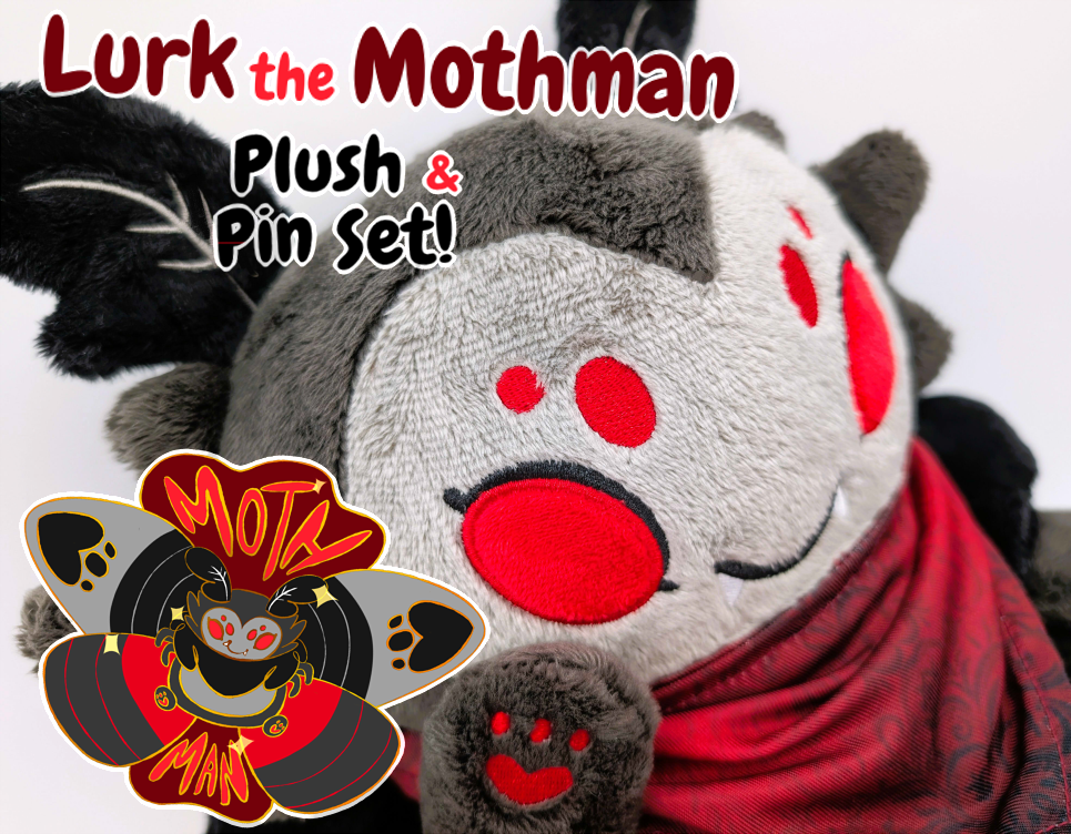 A plush toy of a black moth with red eyes wearing a red bandana. He is smiling and has fangs. There is a matching enamel pin next to him that says Moth Man