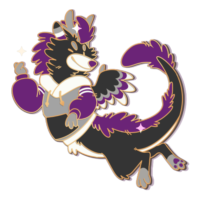 Art of an enamel pin of Marshmallow the dragon. He is black, grey, white, and purple and wearing a hoodie in those same colors.