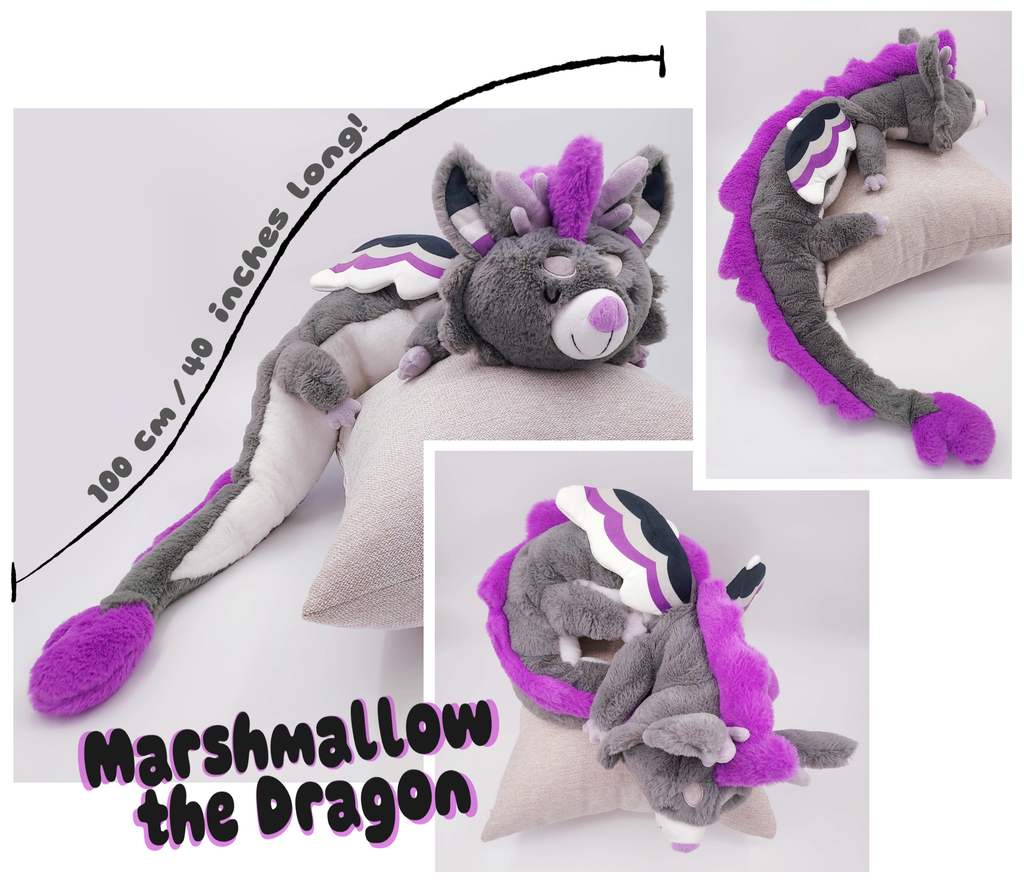 Front, back, and side view of Marshmallow the purple, black, grey, and white dragon plush