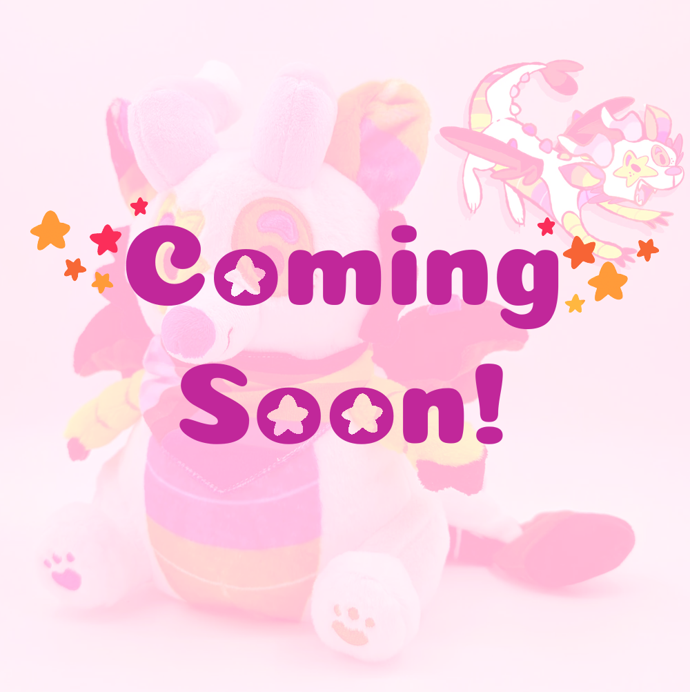 Plush toy and pin art of Mixtape the rainbow sparkledog dragon with coming soon text